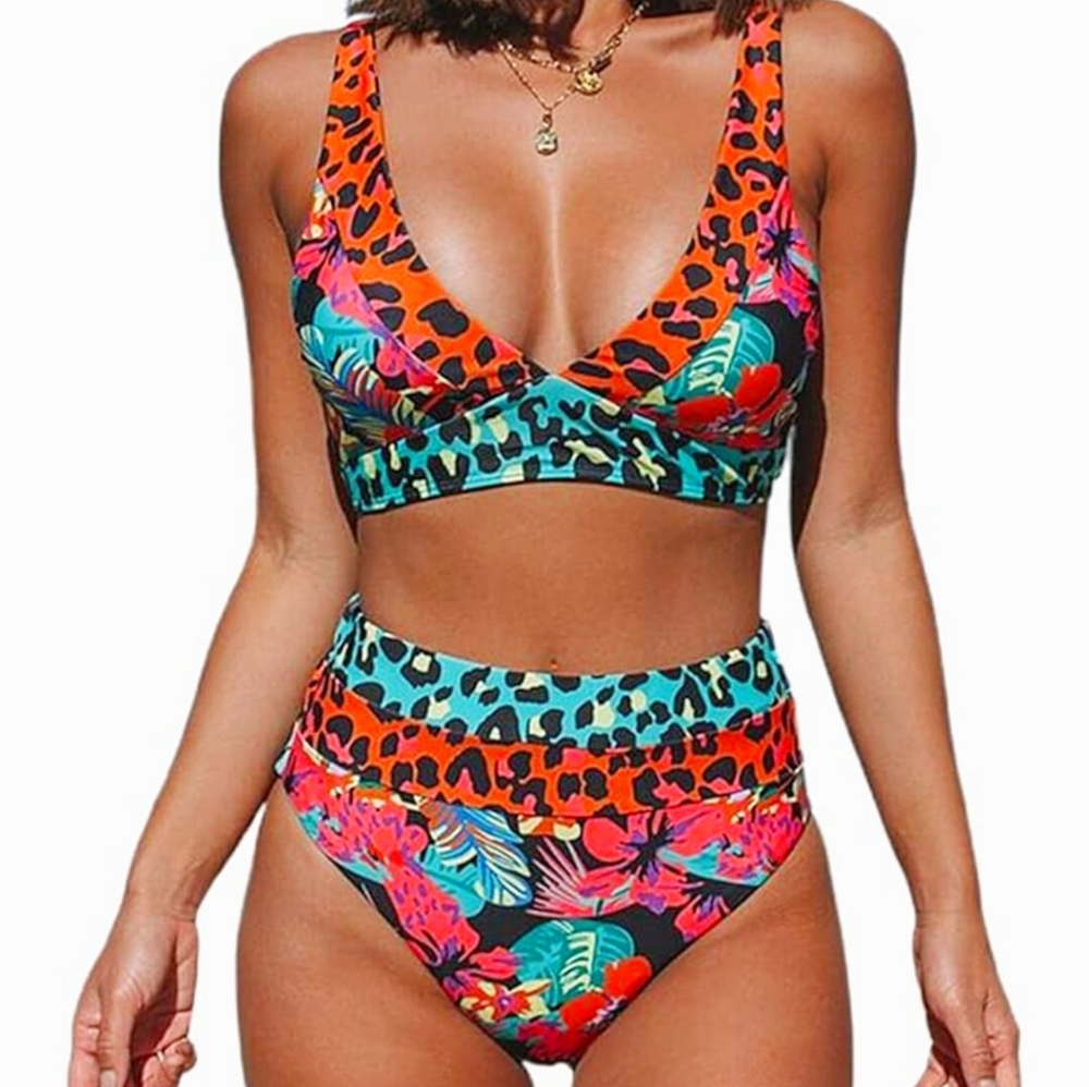NWT Lisa Frank Inspired Hilinker Tropical Leopard 2 PC High Waisted Swimsuit XXL